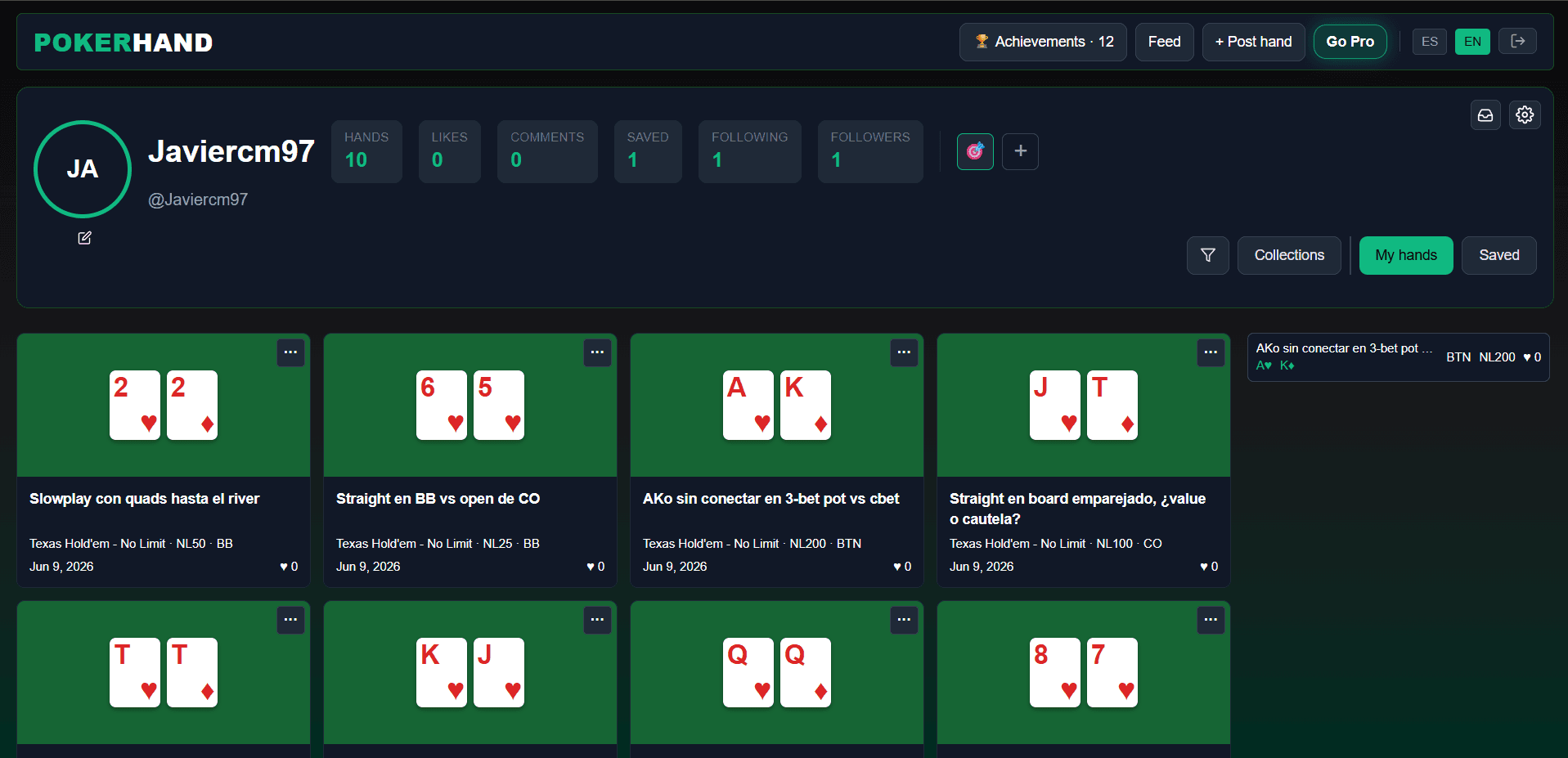 PokerHand user profile